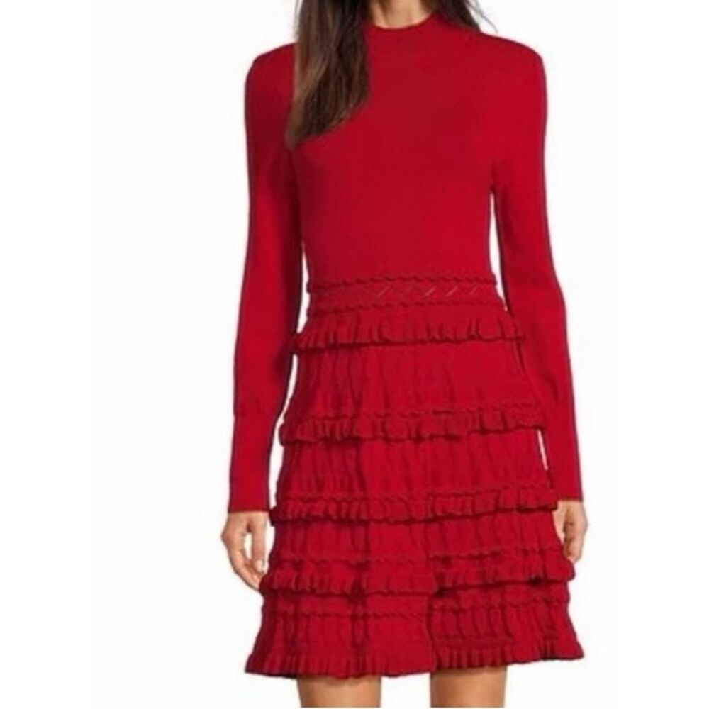 MUSE BY MARCHESA Calla Knitted Lycra Mock Neck Layered Tiered Ruffle Dress XS